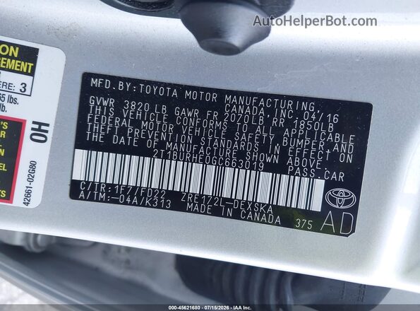 2T1BURHE0GC663019 2016 TOYOTA COROLLA Silver Widok komory silnika