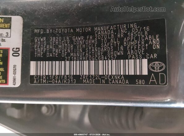 2T1BURHE0GC684257 2016 TOYOTA COROLLA Gray ძრავის განყოფილების ხედი