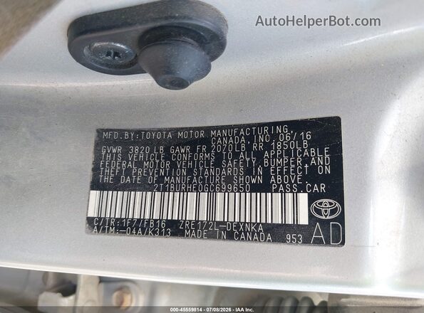 2T1BURHE0GC699650 2016 TOYOTA COROLLA Silver Вид підкапотного простору