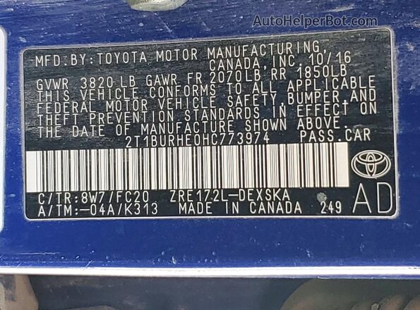 2T1BURHE0HC773974 2017 TOYOTA COROLLA Blue Вид підкапотного простору
