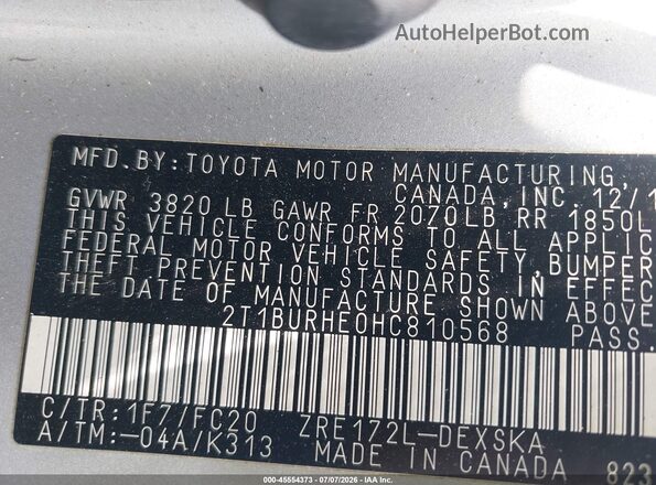 2T1BURHE0HC810568 2017 TOYOTA COROLLA Серебряный Вид подкапотного пространства