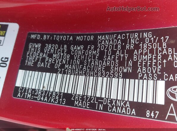 2T1BURHE0HC832599 2017 TOYOTA COROLLA Red Engine compartment view