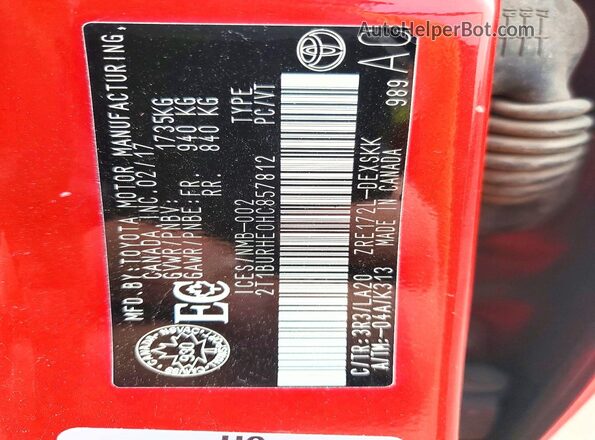 2T1BURHE0HC857812 2017 TOYOTA COROLLA Red Вид наклейки з VIN-кодом