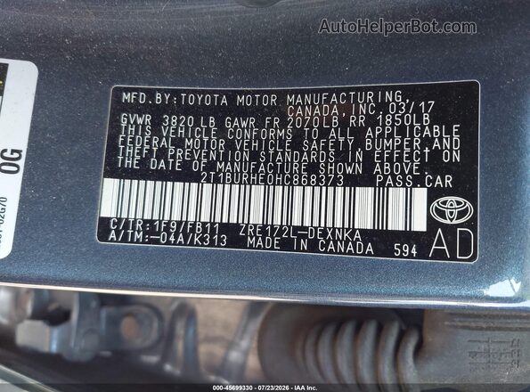 2T1BURHE0HC868373 2017 TOYOTA COROLLA Gray Vista del compartimento del motor