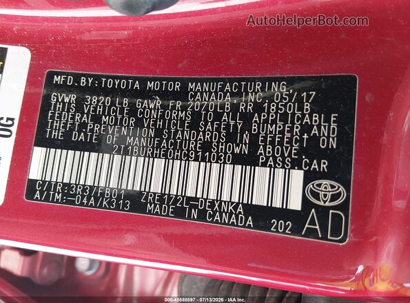 2T1BURHE0HC911030 2017 TOYOTA COROLLA Red Widok komory silnika