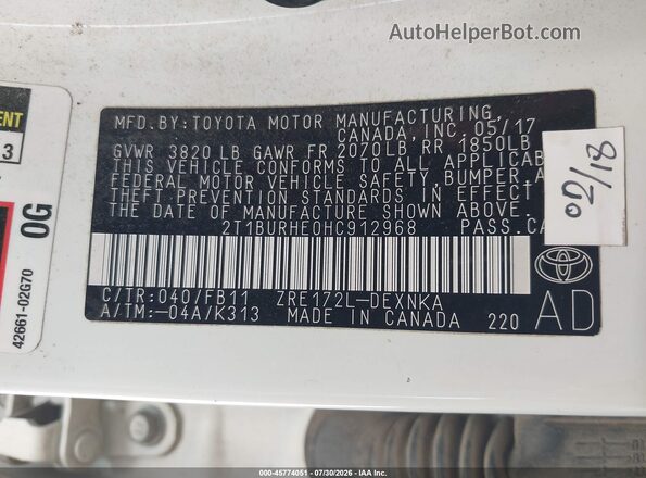 2T1BURHE0HC912968 2017 TOYOTA COROLLA White Vista del compartimento del motor