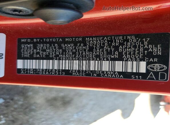 2T1BURHE0HC934341 2017 TOYOTA COROLLA Красный Вид наклейки с VIN-кодом