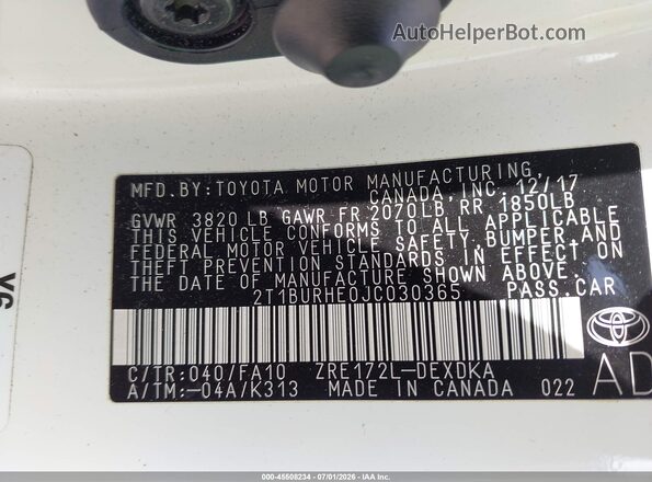 2T1BURHE0JC030365 2018 TOYOTA COROLLA Белый Вид подкапотного пространства