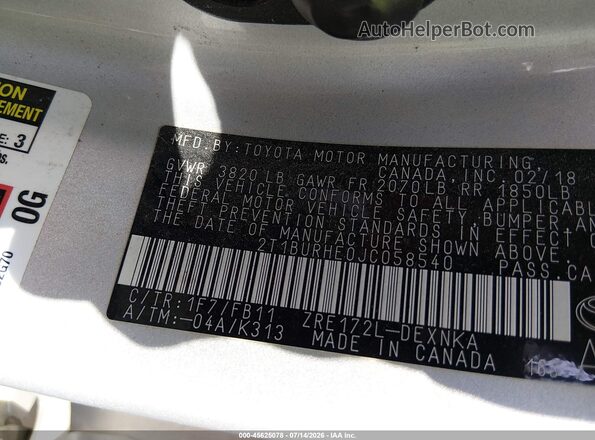 2T1BURHE0JC058540 2018 TOYOTA COROLLA Silver Engine compartment view