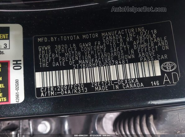 2T1BURHE0JC078481 2018 TOYOTA COROLLA Black Вид підкапотного простору