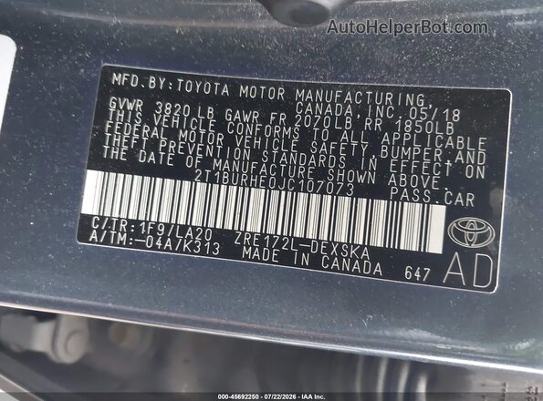 2T1BURHE0JC107073 2018 TOYOTA COROLLA Серый Вид подкапотного пространства