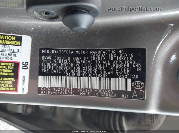 2T1BURHE0JC119305 2018 TOYOTA COROLLA Gray ძრავის განყოფილების ხედი