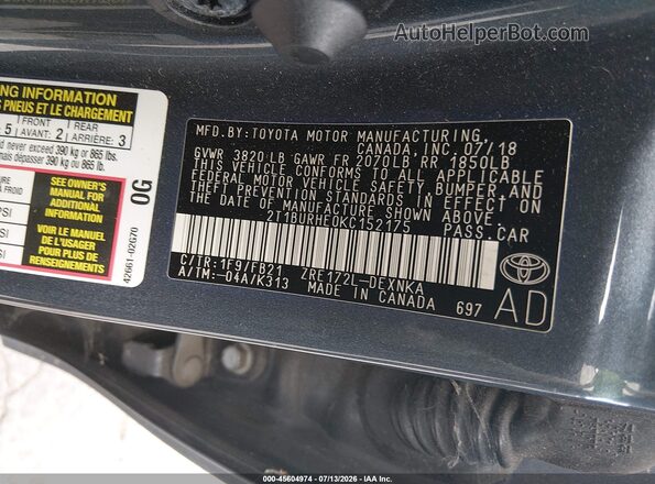 2T1BURHE0KC152175 2019 TOYOTA COROLLA Gray ძრავის განყოფილების ხედი