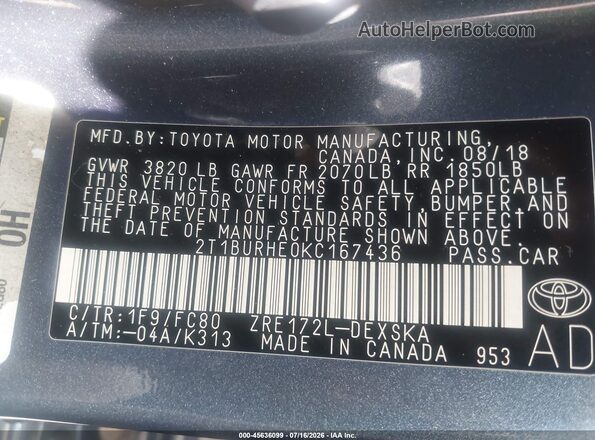 2T1BURHE0KC167436 2019 TOYOTA COROLLA Серый Вид подкапотного пространства