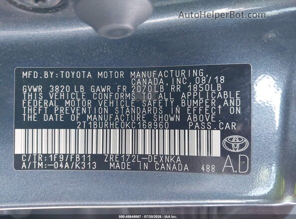 2T1BURHE0KC168960 2019 TOYOTA COROLLA Серый Вид подкапотного пространства
