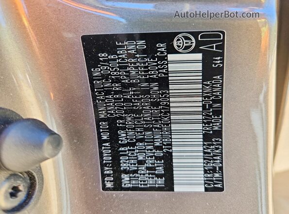 2T1BURHE0KC179053 2019 TOYOTA COROLLA Gray Vista de la etiqueta del VIN