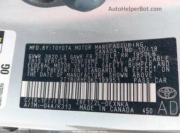 2T1BURHE0KC199951 2019 TOYOTA COROLLA Silver Շարժիչի բաժամունքի տեսք