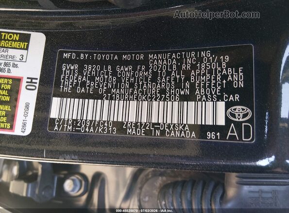 2T1BURHE0KC227506 2019 TOYOTA COROLLA Черный Вид подкапотного пространства