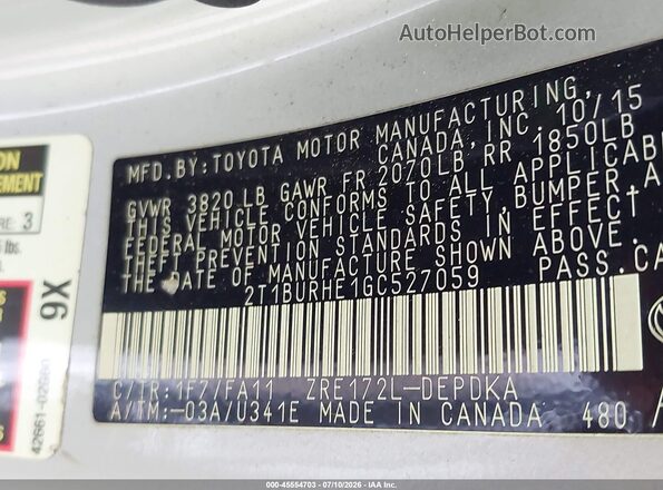 2T1BURHE1GC527059 2016 TOYOTA COROLLA Silver Widok komory silnika