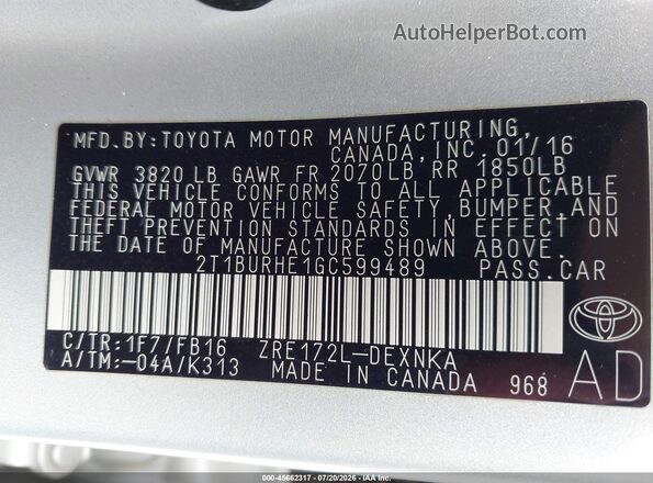 2T1BURHE1GC599489 2016 TOYOTA COROLLA Silver Widok komory silnika