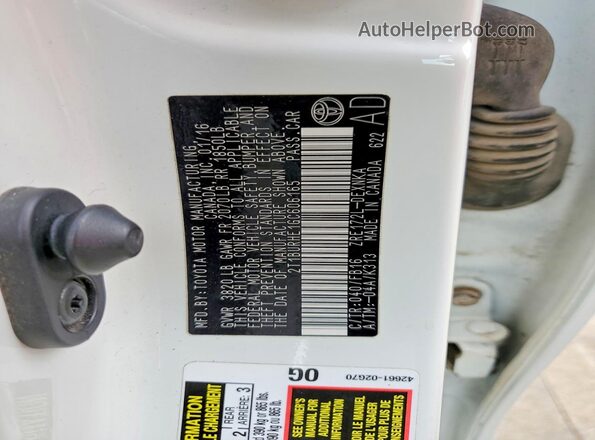 2T1BURHE1GC606165 2016 TOYOTA COROLLA White VIN sticker view
