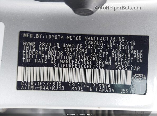 2T1BURHE1GC607705 2016 TOYOTA COROLLA Silver Շարժիչի բաժամունքի տեսք