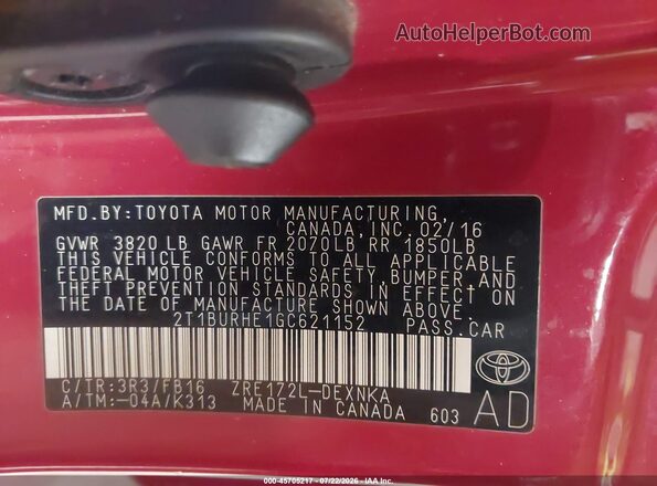 2T1BURHE1GC621152 2016 TOYOTA COROLLA Red Widok komory silnika