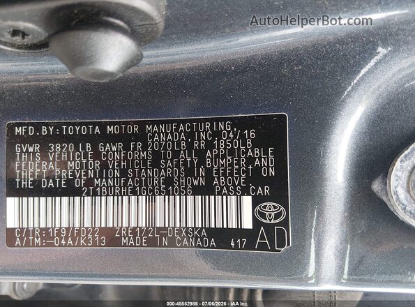 2T1BURHE1GC651056 2016 TOYOTA COROLLA Blue ძრავის განყოფილების ხედი