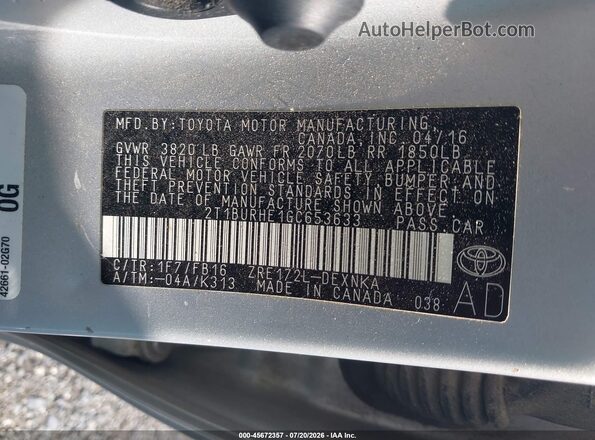 2T1BURHE1GC653633 2016 TOYOTA COROLLA Silver Շարժիչի բաժամունքի տեսք