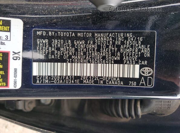 2T1BURHE1GC656404 2016 TOYOTA COROLLA Черный Вид наклейки с VIN-кодом
