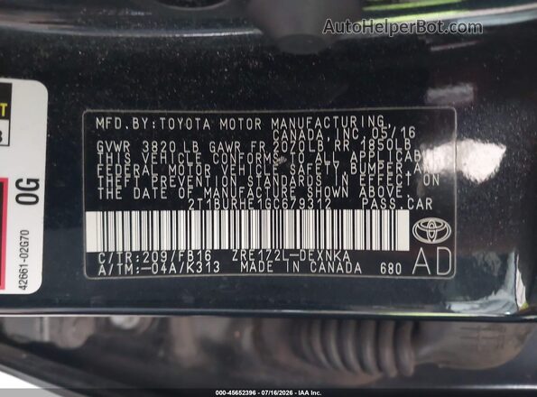 2T1BURHE1GC679312 2016 TOYOTA COROLLA Черный Вид подкапотного пространства