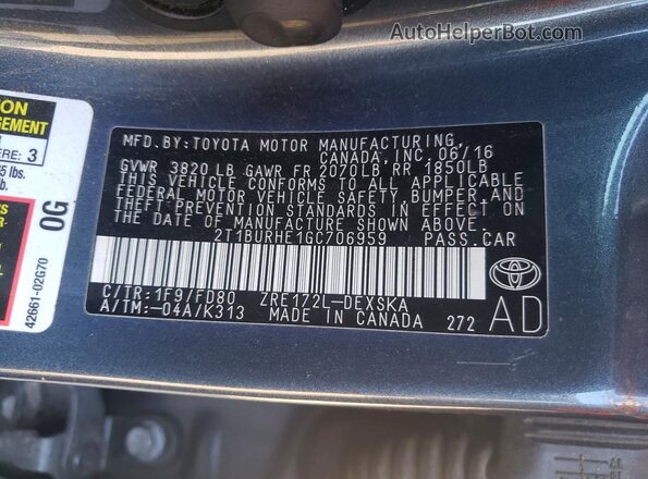2T1BURHE1GC706959 2016 TOYOTA COROLLA Gray ძრავის განყოფილების ხედი