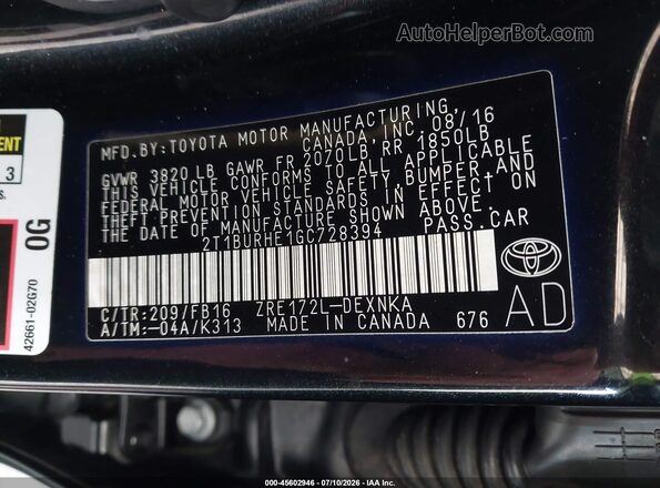 2T1BURHE1GC728394 2016 TOYOTA COROLLA Черный Вид подкапотного пространства