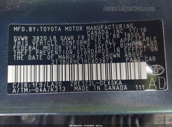 2T1BURHE1HC803872 2017 TOYOTA COROLLA Blue Vista del compartimento del motor
