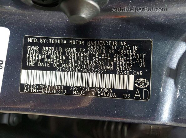 2T1BURHE1HC805931 2017 TOYOTA COROLLA Charcoal Vista del compartimento del motor