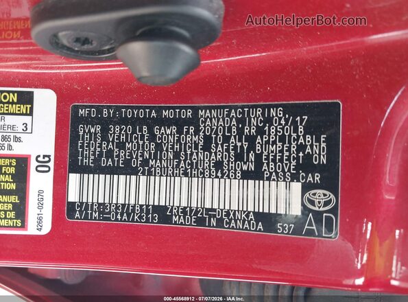 2T1BURHE1HC894268 2017 TOYOTA COROLLA Red Շարժիչի բաժամունքի տեսք