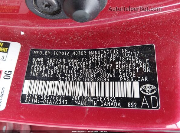 2T1BURHE1HC918696 2017 TOYOTA COROLLA Red Widok komory silnika