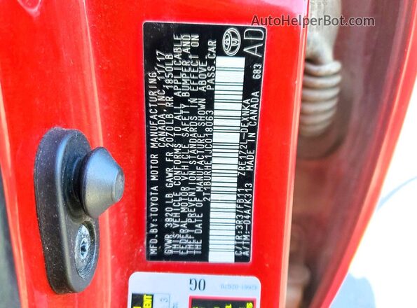 2T1BURHE1JC018063 2018 TOYOTA COROLLA Красный Вид наклейки с VIN-кодом