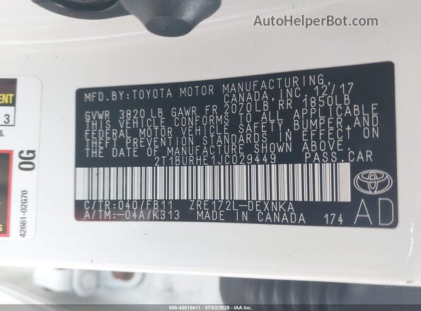 2T1BURHE1JC029449 2018 TOYOTA COROLLA White Շարժիչի բաժամունքի տեսք