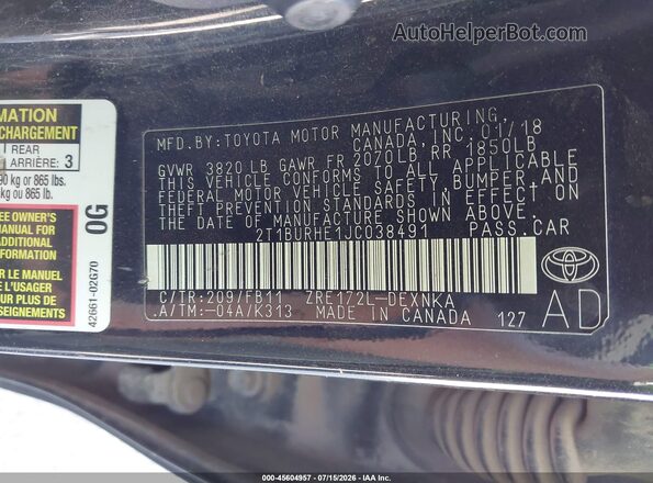 2T1BURHE1JC038491 2018 TOYOTA COROLLA Black Engine compartment view