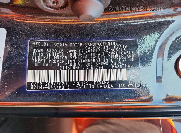 2T1BURHE1JC063794 2018 TOYOTA COROLLA Черный Вид наклейки с VIN-кодом