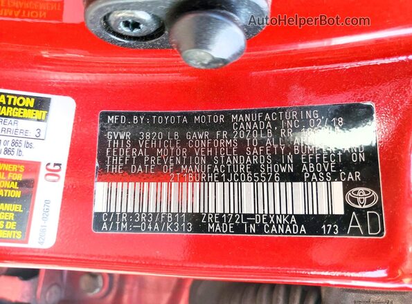2T1BURHE1JC065576 2018 TOYOTA COROLLA Red Вид наклейки з VIN-кодом