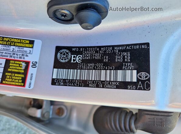 2T1BURHE1JC074343 2018 TOYOTA COROLLA Silver VIN sticker view