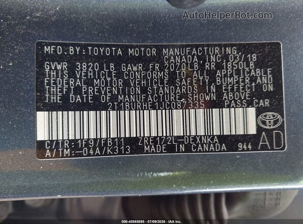 2T1BURHE1JC087335 2018 TOYOTA COROLLA Light Blue ძრავის განყოფილების ხედი