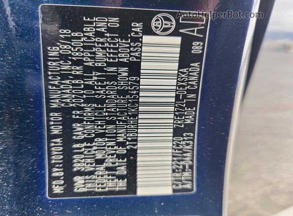 2T1BURHE1KC154579 2019 TOYOTA COROLLA Charcoal Widok naklejki z numerem VIN