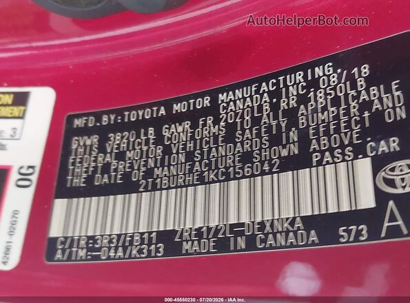 2T1BURHE1KC156042 2019 TOYOTA COROLLA Red Вид підкапотного простору