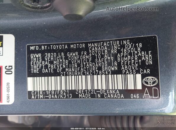 2T1BURHE1KC178543 2019 TOYOTA COROLLA Gray Вид підкапотного простору