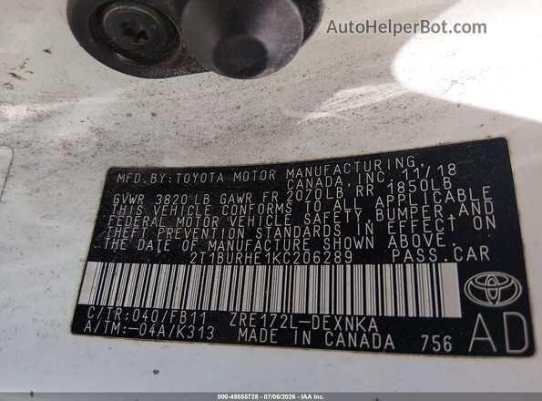 2T1BURHE1KC206289 2019 TOYOTA COROLLA White Engine compartment view