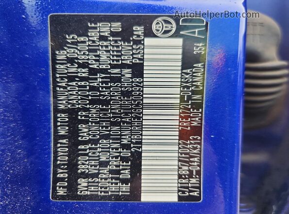 2T1BURHE2GC509928 2016 TOYOTA COROLLA Blue Вид наклейки з VIN-кодом