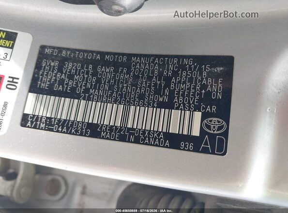 2T1BURHE2GC566534 2016 TOYOTA COROLLA Silver Vista del compartimento del motor